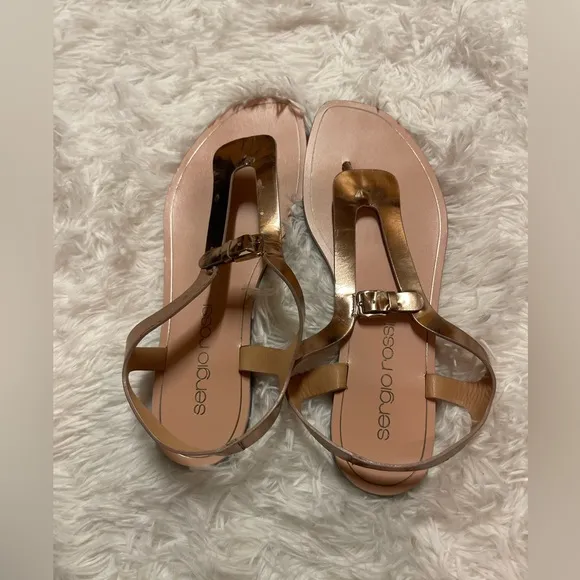 Sergio Rossi Rose Gold Leather Strap Flat Sandals