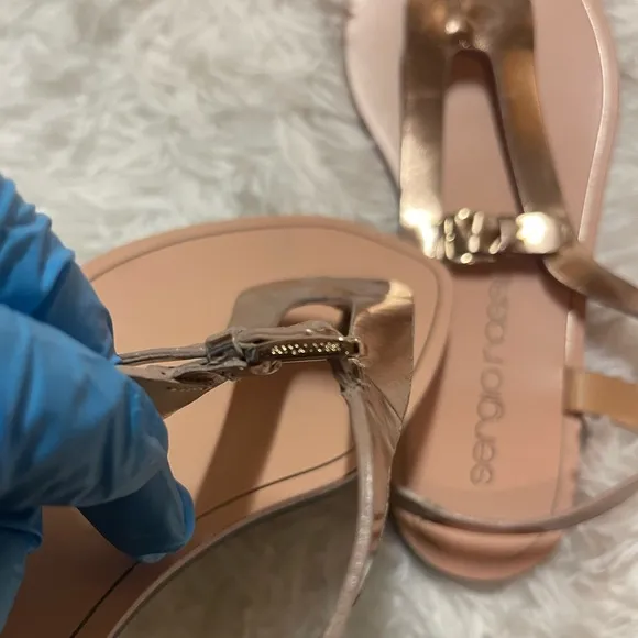 Sergio Rossi Rose Gold Leather Strap Flat Sandals