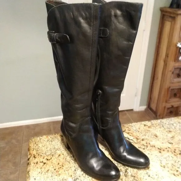 Sesto Meucci Italy Leather Tall Women Sz 5.5 Boots Pull On Side Zip Buckle $399