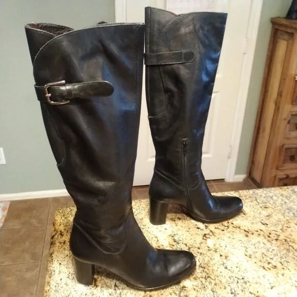 Sesto Meucci Italy Leather Tall Women Sz 5.5 Boots Pull On Side Zip Buckle $399