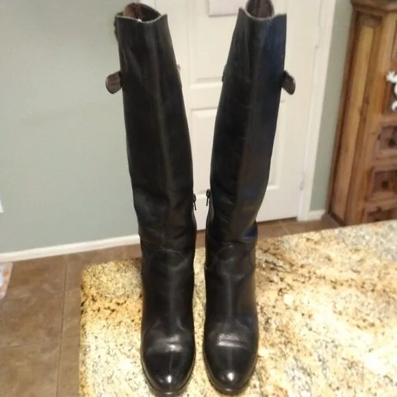 Sesto Meucci Italy Leather Tall Women Sz 5.5 Boots Pull On Side Zip Buckle $399