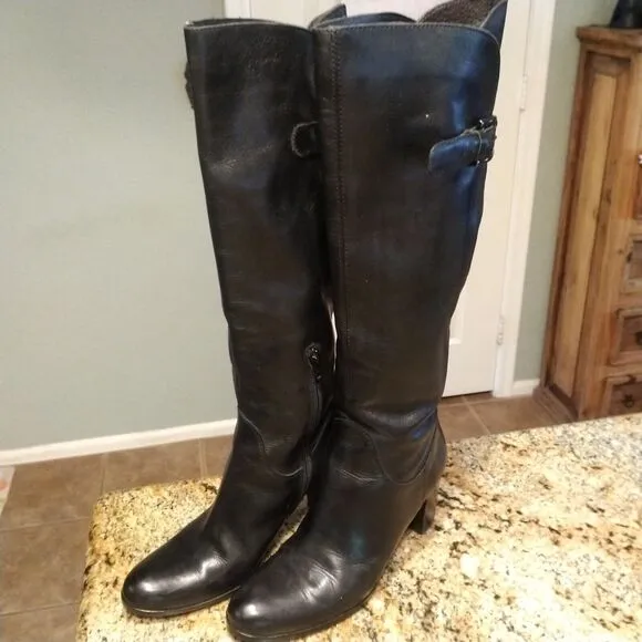 Sesto Meucci Italy Leather Tall Women Sz 5.5 Boots Pull On Side Zip Buckle $399