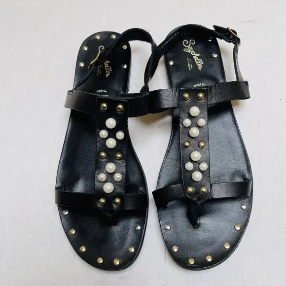 Seychelles Black Studded Pearl Leather Flat Sandals Womens 9 Italy Made Vacay