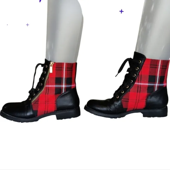 Shoe Dazzle Combat Boots feature a red and black Faux-leather Women's Size 9.