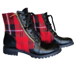 Shoe Dazzle Combat Boots feature a red and black Faux-leather Women's Size 9.