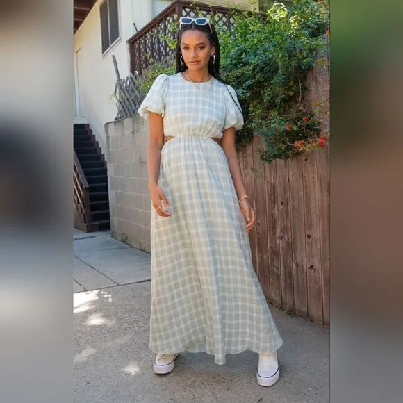 Show Me Your MuMu Eloise Green Gingham Cut Out Maxi Dress Size Extra Small NWT