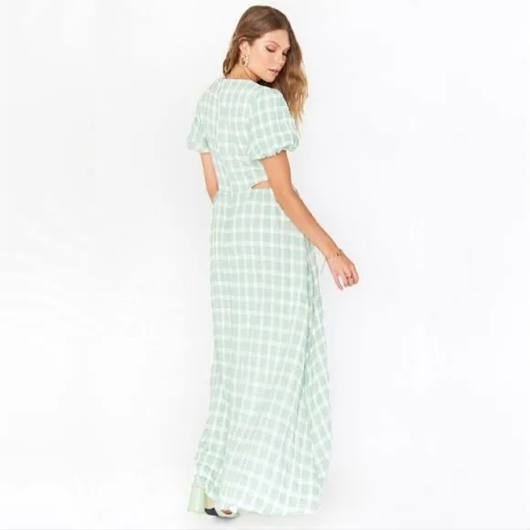 Show Me Your MuMu Eloise Green Gingham Cut Out Maxi Dress Size Extra Small NWT