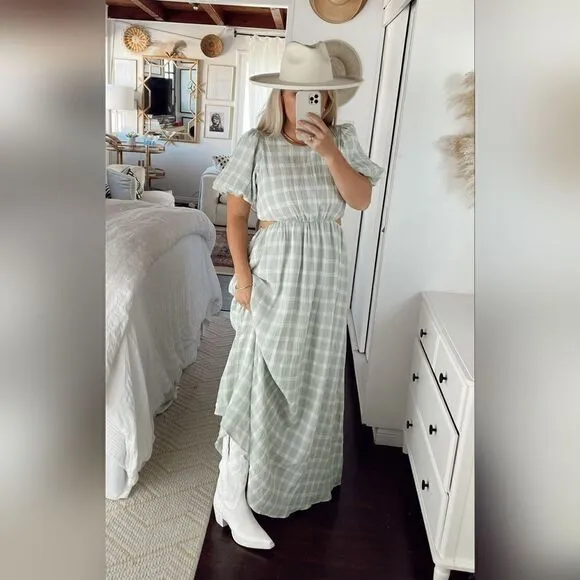 Show Me Your MuMu Eloise Green Gingham Cut Out Maxi Dress Size Extra Small NWT
