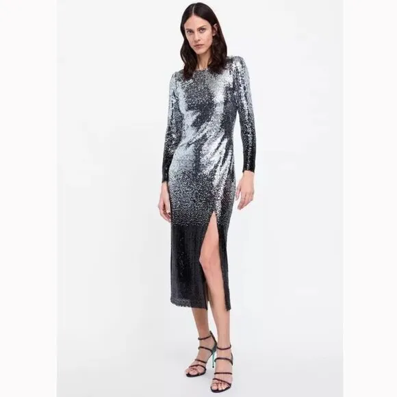 💥SHOWSTOPPER!💥 Ombre Sequin Midi Dress in Black &amp; Silver