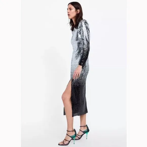 💥SHOWSTOPPER!💥 Ombre Sequin Midi Dress in Black &amp; Silver