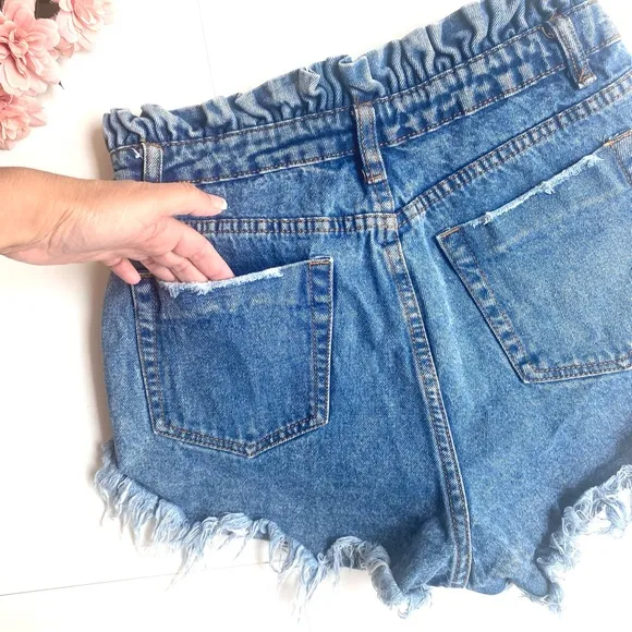 Signature8 Blue Paperbag Sharkbite High Waist Frayed Denim Shorts