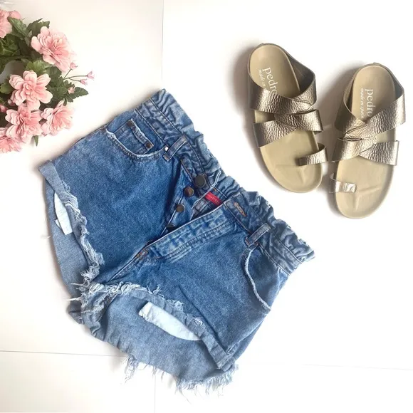 Signature8 Blue Paperbag Sharkbite High Waist Frayed Denim Shorts