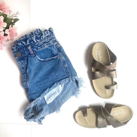 Signature8 Blue Paperbag Sharkbite High Waist Frayed Denim Shorts