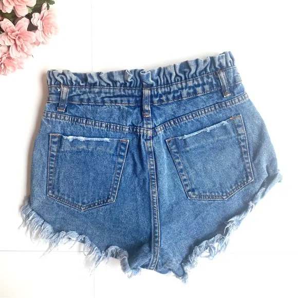 Signature8 Blue Paperbag Sharkbite High Waist Frayed Denim Shorts