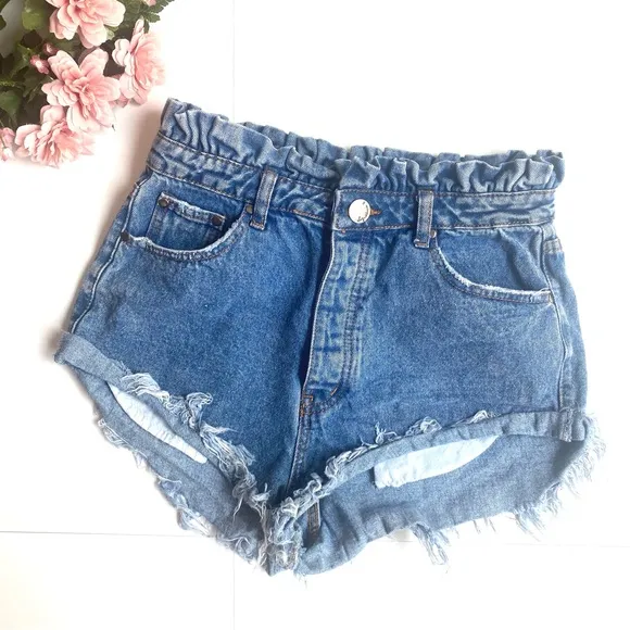 Signature8 Blue Paperbag Sharkbite High Waist Frayed Denim Shorts