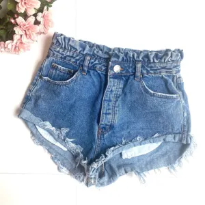 Signature8 Blue Paperbag Sharkbite High Waist Frayed Denim Shorts
