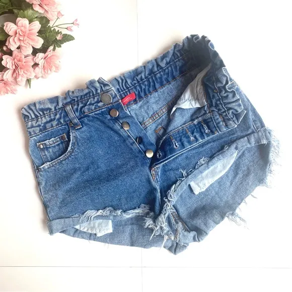 Signature8 Blue Paperbag Sharkbite High Waist Frayed Denim Shorts