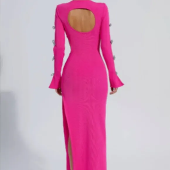 Silver Rhinestone Bow Cutout Sleeve Pink Dress