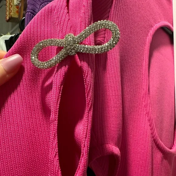 Silver Rhinestone Bow Cutout Sleeve Pink Dress