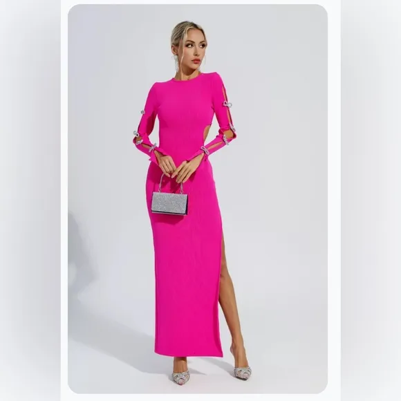 Silver Rhinestone Bow Cutout Sleeve Pink Dress