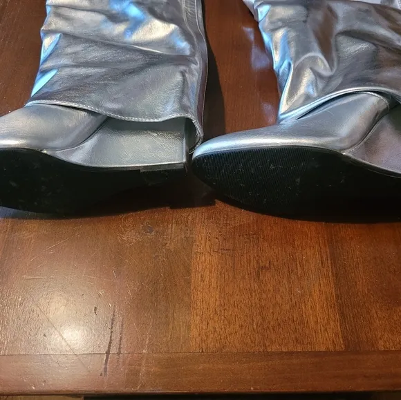 Silver slouch knee high boots. Women's 36