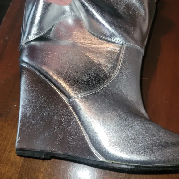 Silver slouch knee high boots. Women's 36