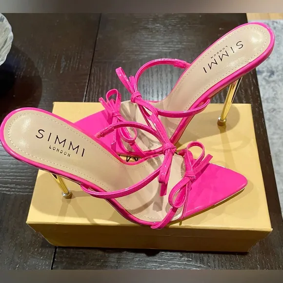 SIMMI High Heels Bowknot Neon Pink Patent Sandals Stiletto Mules Shoe Size 8.