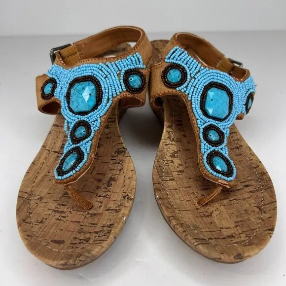 Simply Vera Vera Wang Womens 112913 Blue Beaded Thong Size 7.5 Wedge Sandals