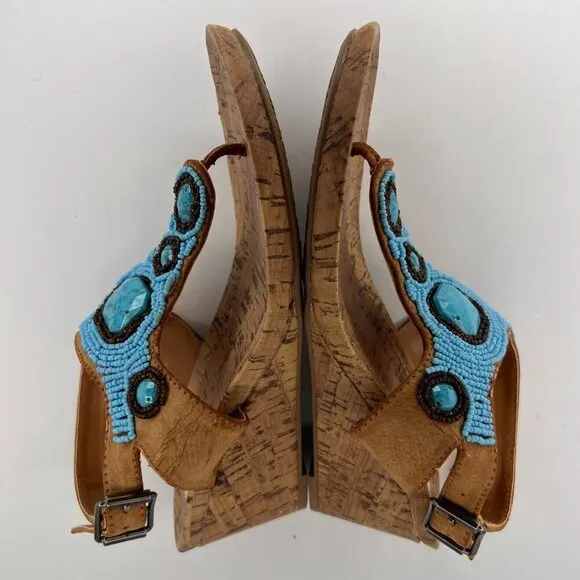 Simply Vera Vera Wang Womens 112913 Blue Beaded Thong Size 7.5 Wedge Sandals