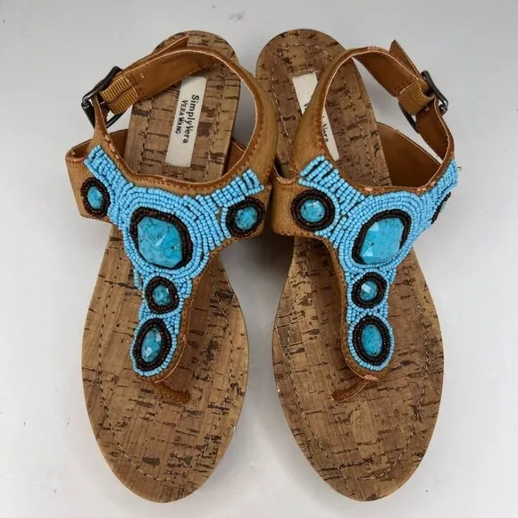 Simply Vera Vera Wang Womens 112913 Blue Beaded Thong Size 7.5 Wedge Sandals