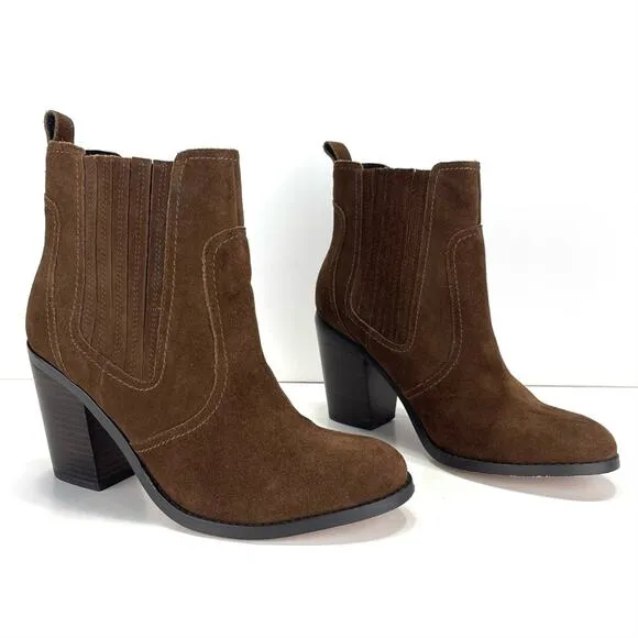 SOLE SOCIETY BROWN SUEDE ALMOND TOE  BLOCK HIGH HEEL CHELSEA BOOTIE/ANKLE BOOT🆕