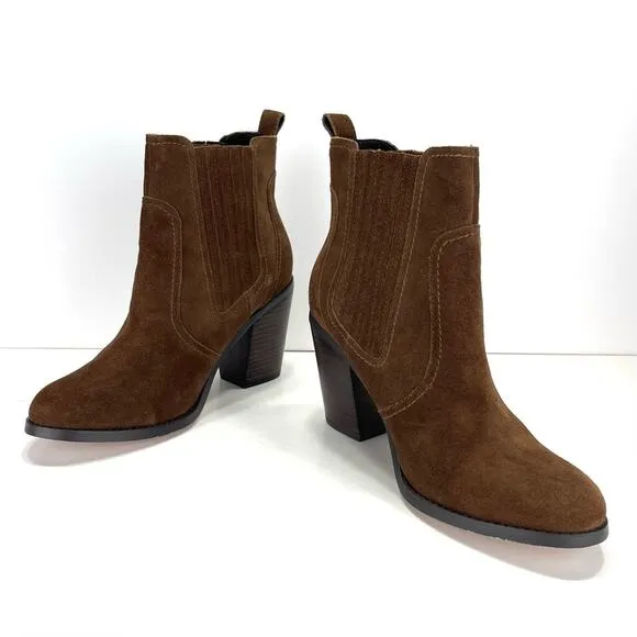 SOLE SOCIETY BROWN SUEDE ALMOND TOE  BLOCK HIGH HEEL CHELSEA BOOTIE/ANKLE BOOT🆕