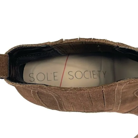 SOLE SOCIETY BROWN SUEDE ALMOND TOE  BLOCK HIGH HEEL CHELSEA BOOTIE/ANKLE BOOT🆕