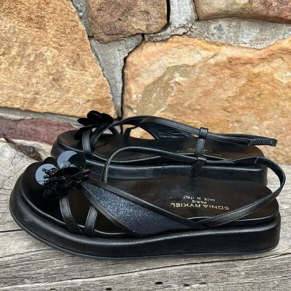 Sonia Rykiel Black Leather Low Flatform Sandals with Sequin Flower Size 6 1/2 M