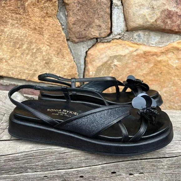 Sonia Rykiel Black Leather Low Flatform Sandals with Sequin Flower Size 6 1/2 M