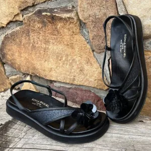 Sonia Rykiel Black Leather Low Flatform Sandals with Sequin Flower Size 6 1/2 M