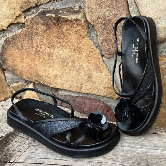 Sonia Rykiel Black Leather Low Flatform Sandals with Sequin Flower Size 6 1/2 M