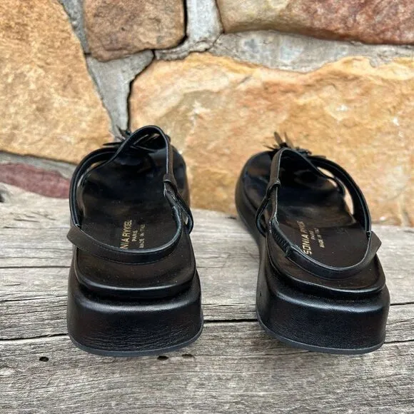 Sonia Rykiel Black Leather Low Flatform Sandals with Sequin Flower Size 6 1/2 M