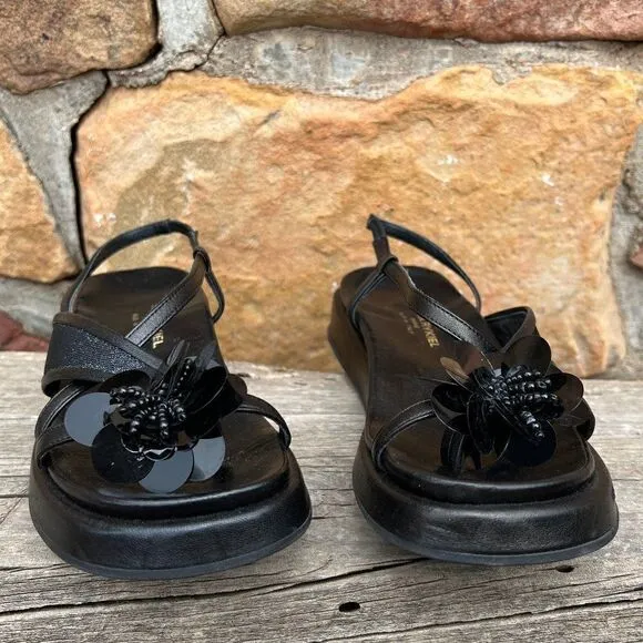 Sonia Rykiel Black Leather Low Flatform Sandals with Sequin Flower Size 6 1/2 M