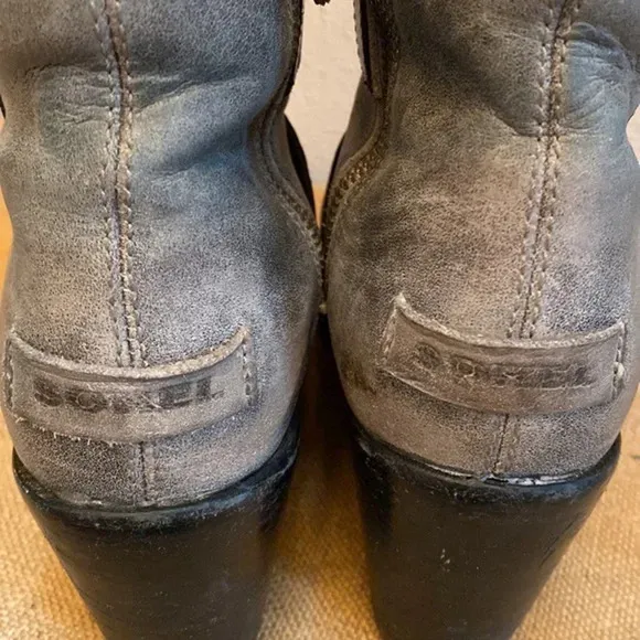 Sorel After Hours Wedge Moto Boots Gray Leather Strappy Almond Toe Size 6