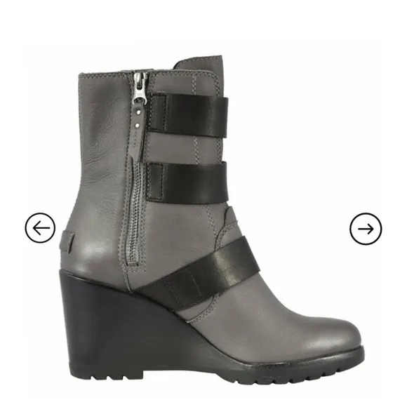 Sorel After Hours Wedge Moto Boots Gray Leather Strappy Almond Toe Size 6