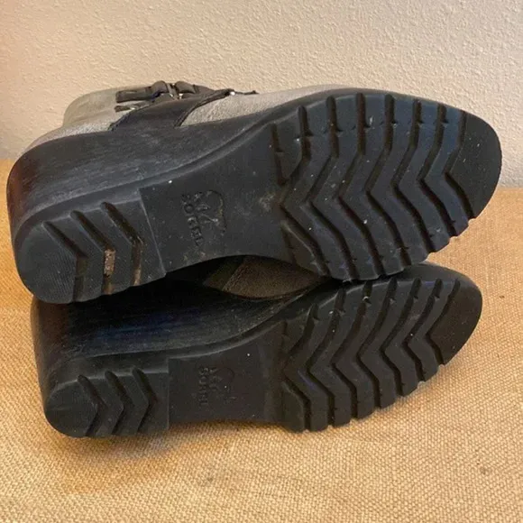 Sorel After Hours Wedge Moto Boots Gray Leather Strappy Almond Toe Size 6