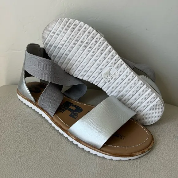 Sorel Ella Women’s Silver Leather Strappy Flat Sandals Size 8