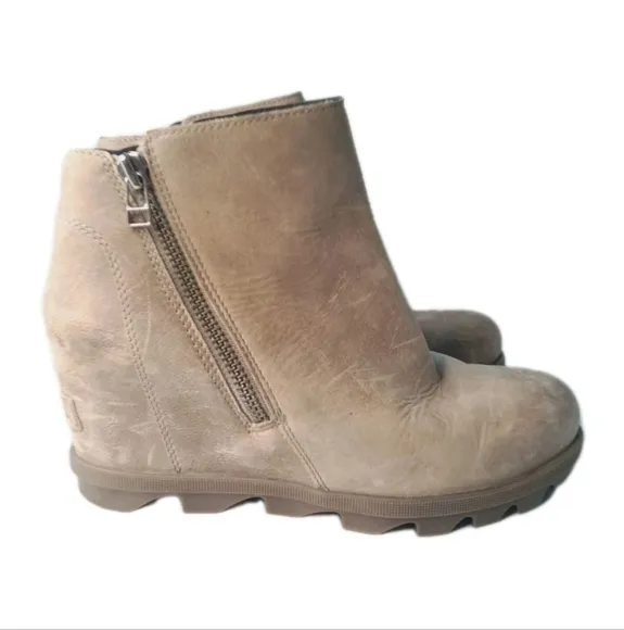 Sorel Joan of Arctic Wedge II Zipper Brown Leather Boots Women's Size 8.5
