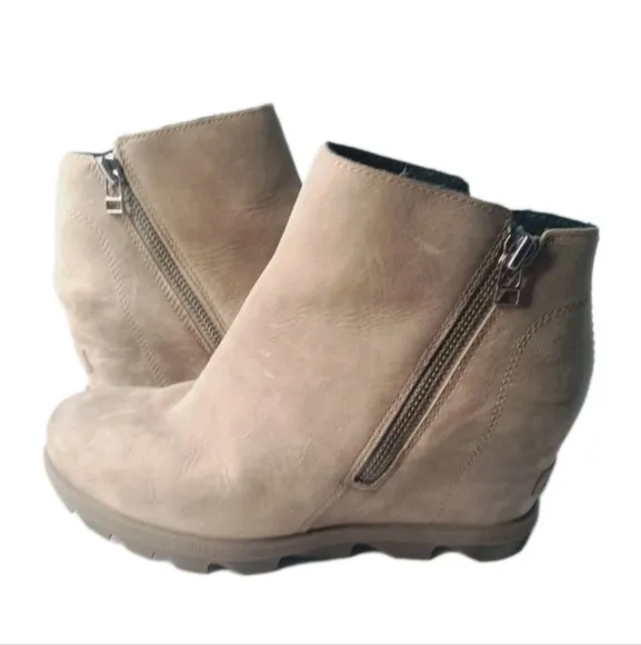 Sorel Joan of Arctic Wedge II Zipper Brown Leather Boots Women's Size 8.5