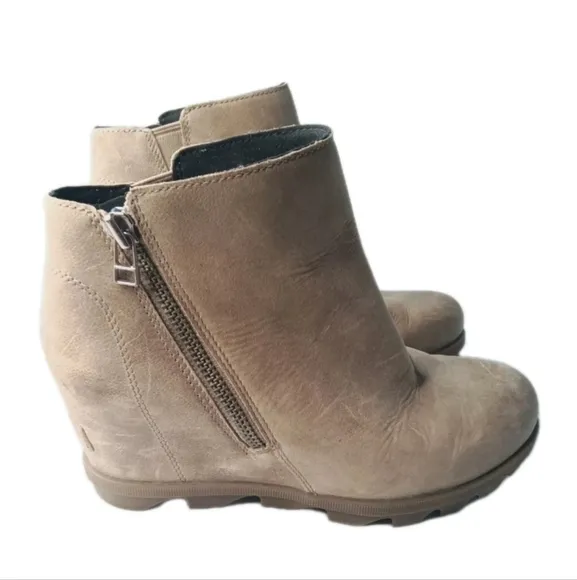 Sorel Joan of Arctic Wedge II Zipper Brown Leather Boots Women's Size 8.5