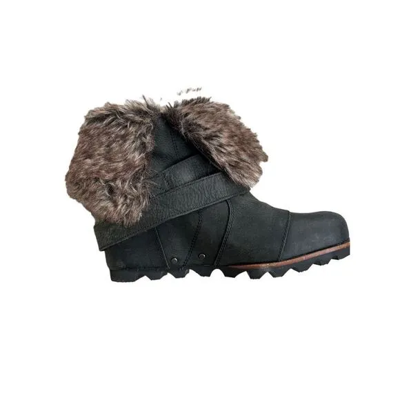 Sorel Joan Of Arctic Wedge Leather Ankle Boots Black Brown Women's Size 7