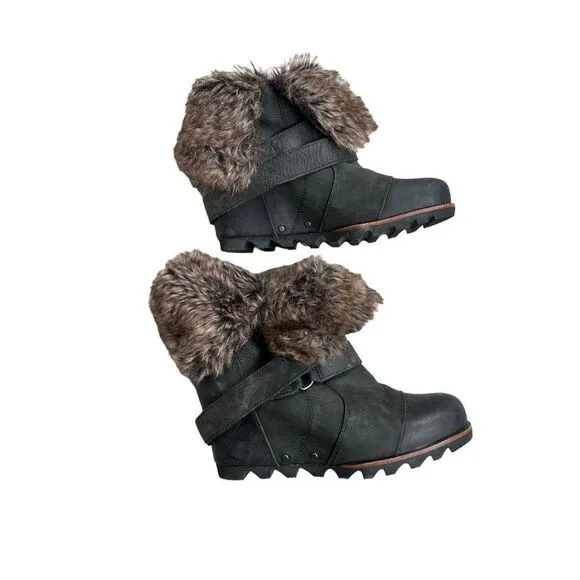 Sorel Joan Of Arctic Wedge Leather Ankle Boots Black Brown Women's Size 7