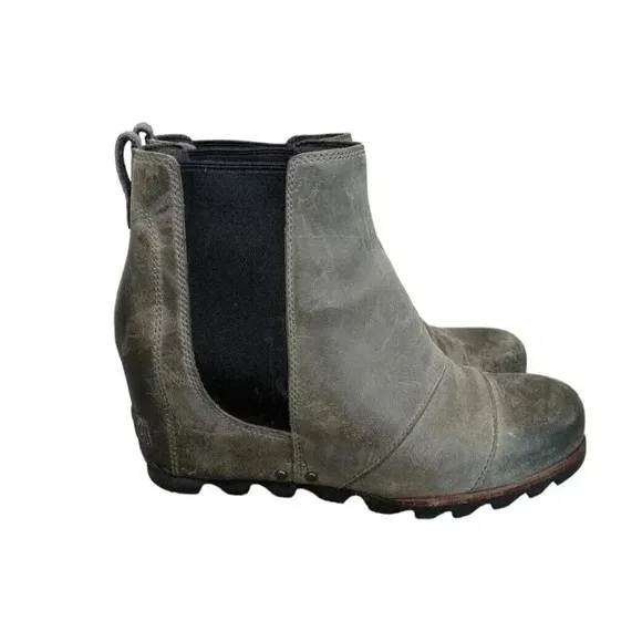 Sorel Lea Wedge NL2704-089 Gray Leather Ankle Booties Boots Size 8 Heel
