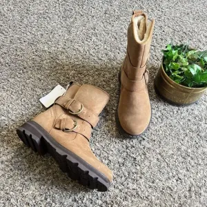 Sorel Lennox Moto Boots Cozy Shearling Lined Size 5.5 Brown Leather Buckle New
